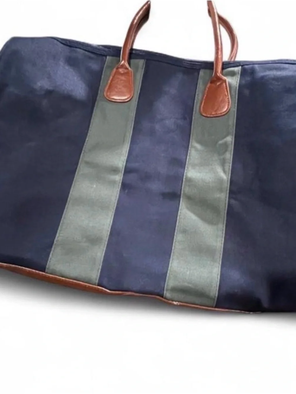 Vintage Polo Ralph Lauren Navy & Green Duffle Bag Brown Leather Trim